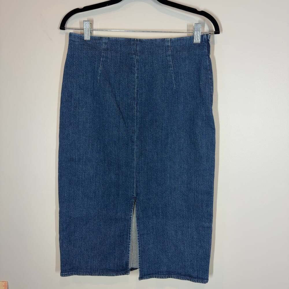 J.Crew Blue Denim Midi Pencil Skirt Side Zip Front Slit Size 28 Stretchy
